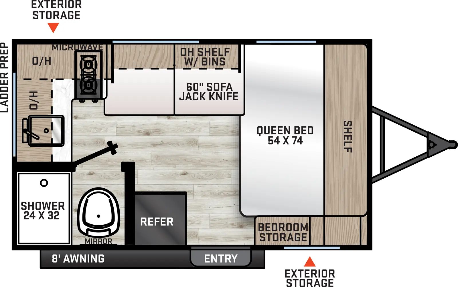 The Aurora 13RKX floorplan has one entry and zero slide outs. Exterior features include: metal exterior and 8' awning. Interiors features include: front bedroom.